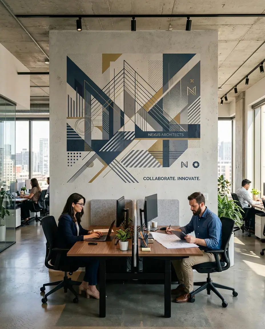 Impression murale géométrique moderne dans des bureaux professionnels