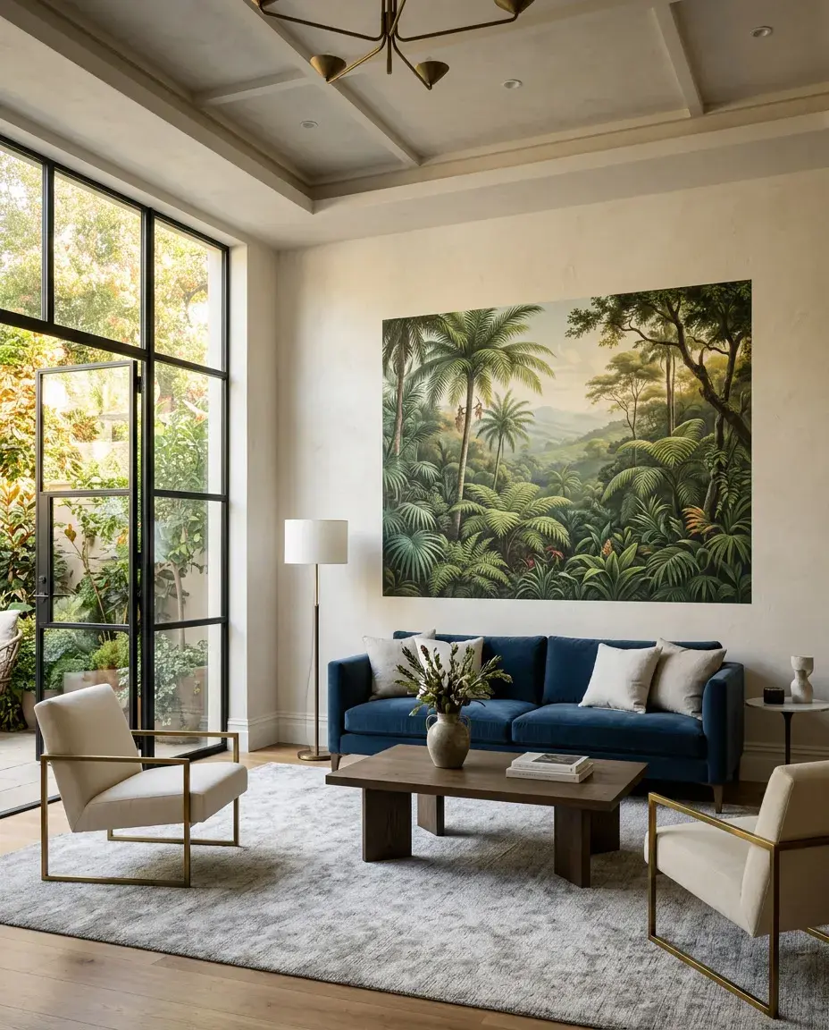 Décoration murale grand format jungle tropicale dans un salon moderne